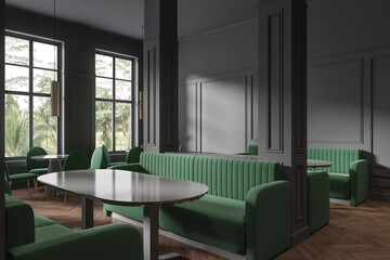 Classic gray cafe interior with sofas and columns