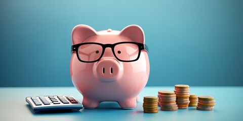 Pink piggy bank with eyeglasses and calculator, concept of savings and investments. Generative AI - obrazy, fototapety, plakaty