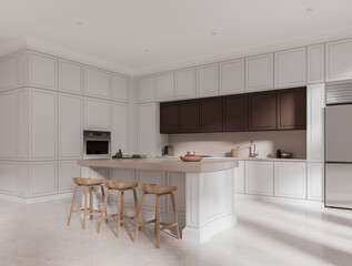 Luxury home kitchen interior with bar countertop and cooking space with shelves