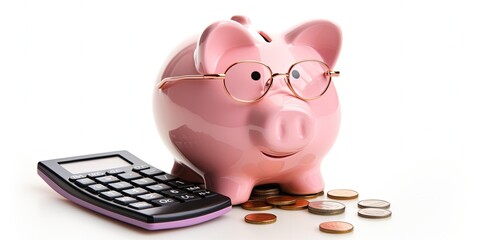 Pink piggy bank with eyeglasses and calculator, concept of savings and investments. Generative AI