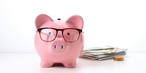 Pink piggy bank with eyeglasses and coins, concept of savings and investments. Generative AI