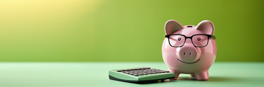 Pink piggy bank with eyeglasses and calculator, concept of savings and investments. Generative AI