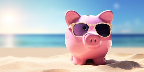 Pink piggy bank on the beach, concept of savings and investments. Generative AI