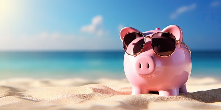 Pink piggy bank on the beach, concept of savings and investments. Generative AI