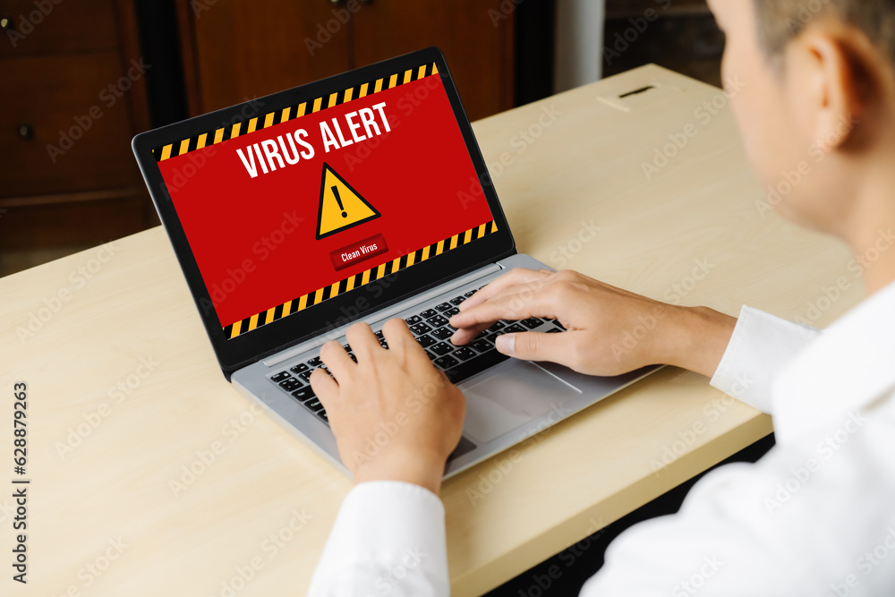 Poster virus warning alert on computer screen detected modish cyber threat , hacker, computer virus and mal