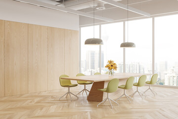 Stylish workspace room interior with table and seats, window. Copy space wall