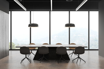 Fototapeta na wymiar Grey conference room interior with seats and table, panoramic window