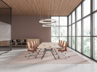 Beige conference room interior with board and armchairs, panoramic window