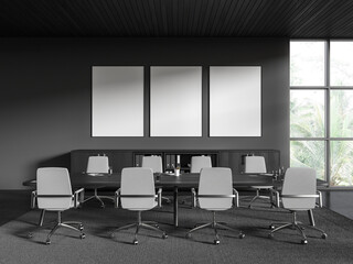 Grey office meeting room interior with table and drawer, window. Mockup frames