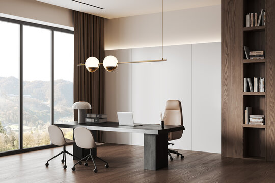 Stylish office interior with chairs and table, shelf and panoramic window