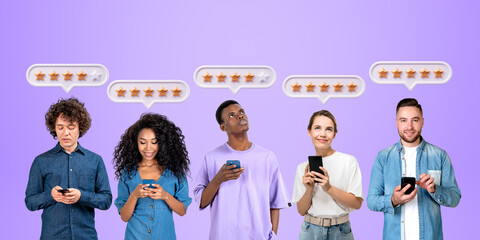 Men and women with smartphones giving star rating feedback