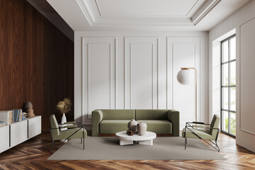 Stylish living room interior with armchair and couch with decoration, window