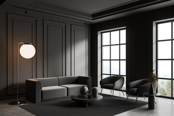 Naklejka na ściany i meble Grey living room interior with armchairs and couch near panoramic window
