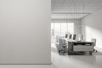 Modern office room interior with pc computer on table in row, mock up wall