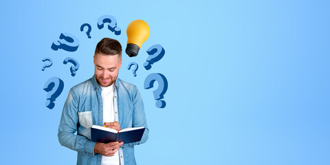 Smiling man university student with notebook, question marks and lightbulb