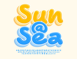 Obraz premium Vector travel Poster Sun and Sea. Playful Blue Font. Handwritten 3D Alphabet Letters, Numbers and Symbols set