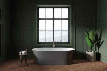 Fototapeta na wymiar Classic green bathroom interior with tub and window