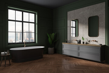 Fototapeta na wymiar Traditional home bathroom interior with bathtub and double sink, window