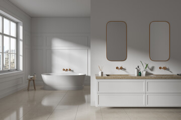 Naklejka na ściany i meble Classic white bathroom interior with tub and double sink