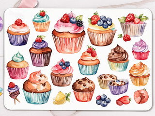 sticker sheet French pastries, muffins, macarons, Watercolor Clipart, white background, no background, isolated on white, variations, sticker sheet, planner stickers
