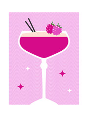 Barbie cocktail. Alcohol drink. Arts in bright pink color. Trendy poster. Vector illustration. Modern print. 