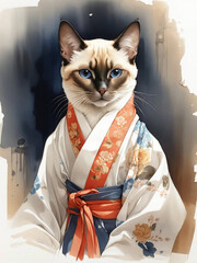 Portrait of a Siamese cat wearing a robe Chinese style