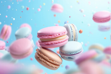 Colorful french macarons and flowers on pastel background, traditional french dessert Generative AI