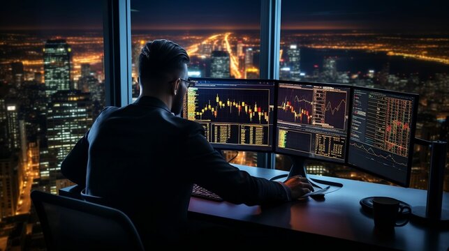 Striking photo idea featuring a focused trader in a modern office