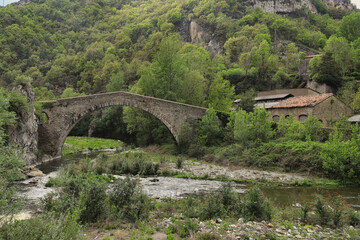 Pyrenean landscape. An old stone bridge crosses a stream, all framed by lush forests