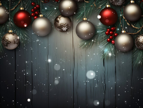 Christmas background with ornaments on a wooden wall with snowflakes falling in front of it. 