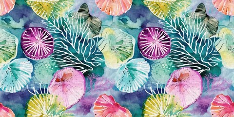  Seamless trendy underwater shell clam repeat background. Tropical modern seashell coastal pattern clash fabric coral reef border print for summer beach textile banner edge with a linen cotton effect.