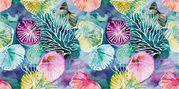  Seamless trendy underwater shell clam repeat background. Tropical modern seashell coastal pattern clash fabric coral reef border print for summer beach textile banner edge with a linen cotton effect.