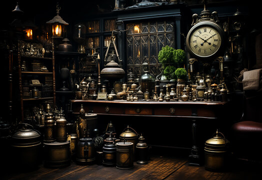 Vintage Antiques and equipment like wall clock, world map, treasure box, candles, old pictures, rusty things collected in Antique store