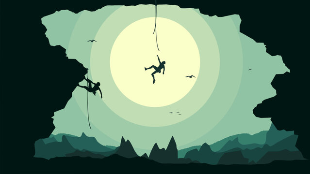 climber on a cliff with mountain. Rock climber. Extreme rock climber background. Mountain climber wallpaper for desktop. Silhouette of a rock climber.