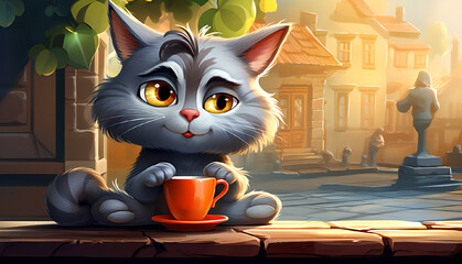 cartoon gray cat drinking coffee from a cup outdoors