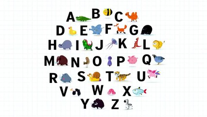 Education letters animals ZOO cartoon alphabet cartoon animation. Animal loop. Educational serie with bold style character for children. Good for education movies, presentation, learning alphabet, etc - Powered by Adobe