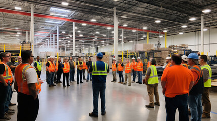 Employees assembling for a safety meeting with the plant's management Generative AI