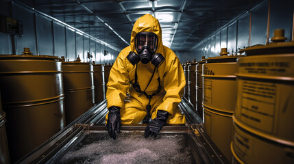 A worker handling hazardous materials inside a sealed containment chamber Generative AI - obrazy, fototapety, plakaty