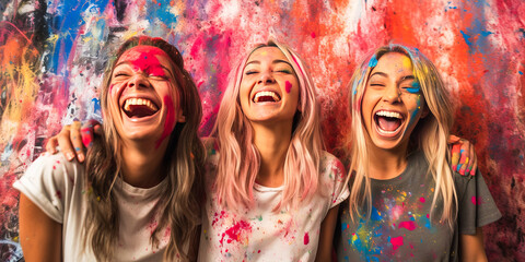Obraz premium Captivating scene of three joyous female artists, speckled with paint, sharing a laugh over their mutual masterpiece amid a vibrant, color-splashed background. Generative AI