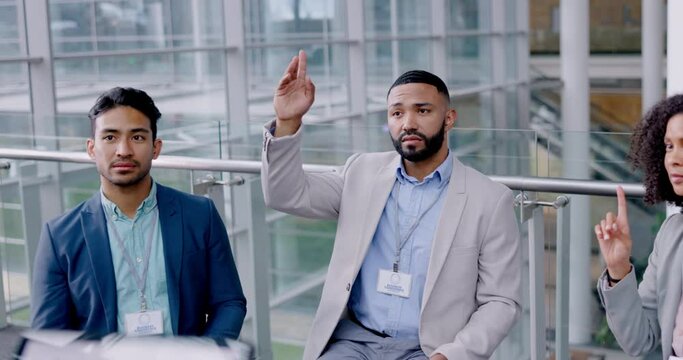 Man, business meeting and question in presentation with training and sales statistics chart with communication. Audience, tablet and professional seminar with faq and teamwork from app proposal