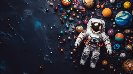 Astronaut's Cosmic Dance: Planets in Balanced Chaos Against the Void