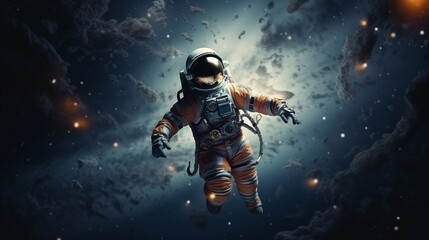 Fototapeta premium Astronaut's Cosmic Dance: Planets in Balanced Chaos Against the Void
