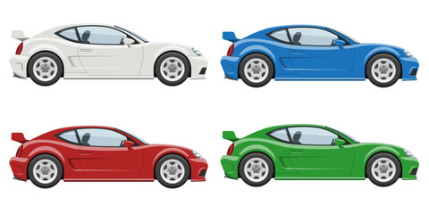 Sports car side view vector illustration. Isolated cars from profile in red, blue, green colors on white background