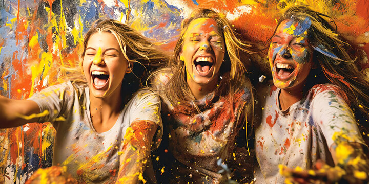 Vibrant depiction of three joyful female artists splattered with paint, sharing a laugh over their creative endeavor amidst colorful backdrop. Generative AI
