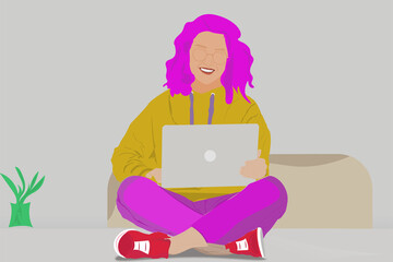 Help me with homework. Portrait of happy interesting girl with curly hair, working on project, sitting on floor with crossed legs, holding laptop and smiling broadly, freelancing over gray background