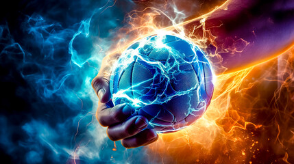 handball, ball in player's hand, energy and power of fast movement, made with Generative AI - obrazy, fototapety, plakaty