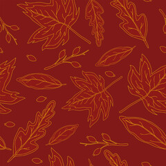 Creative Autumn Seamless Pattern With Simple Leaves And Plants, Vector Illustration