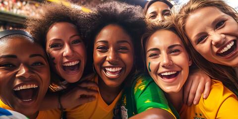 Three dynamic women in sports jerseys share a victorious hug, embodying global unity in an electric stadium setting. Generative AI