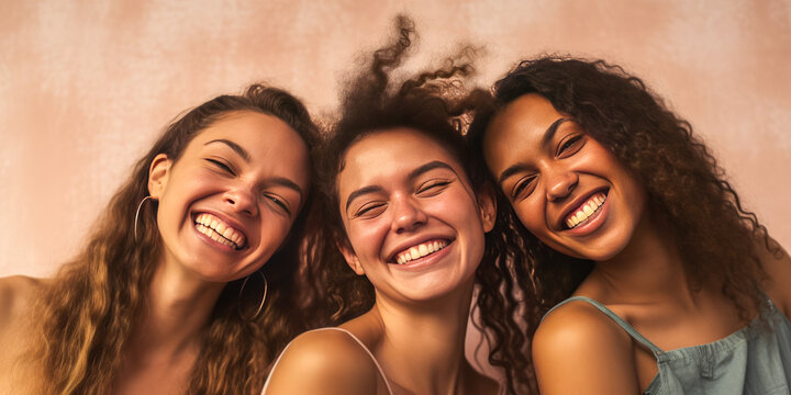 Empowering image of three joyful women confidently displaying their unique scars, birthmarks, and vitiligo against soft pastel backdrop. Generative AI