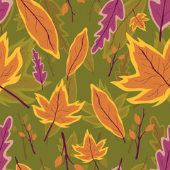 Creative Autumn Seamless Pattern With Simple Leaves And Plants, Vector Illustration
